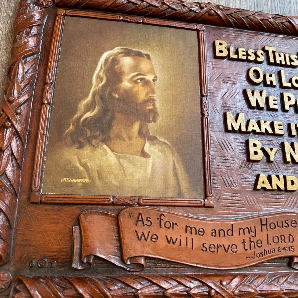 Vintage Warner Press Art-Wood Jesus Christ Bless This House Plaque N4901 USA